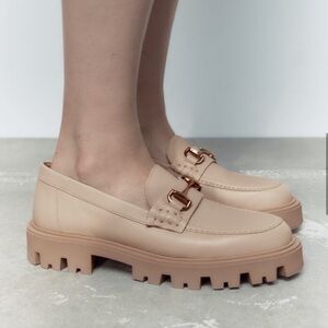 Zara Lug Sole Leather Loafers in Beige